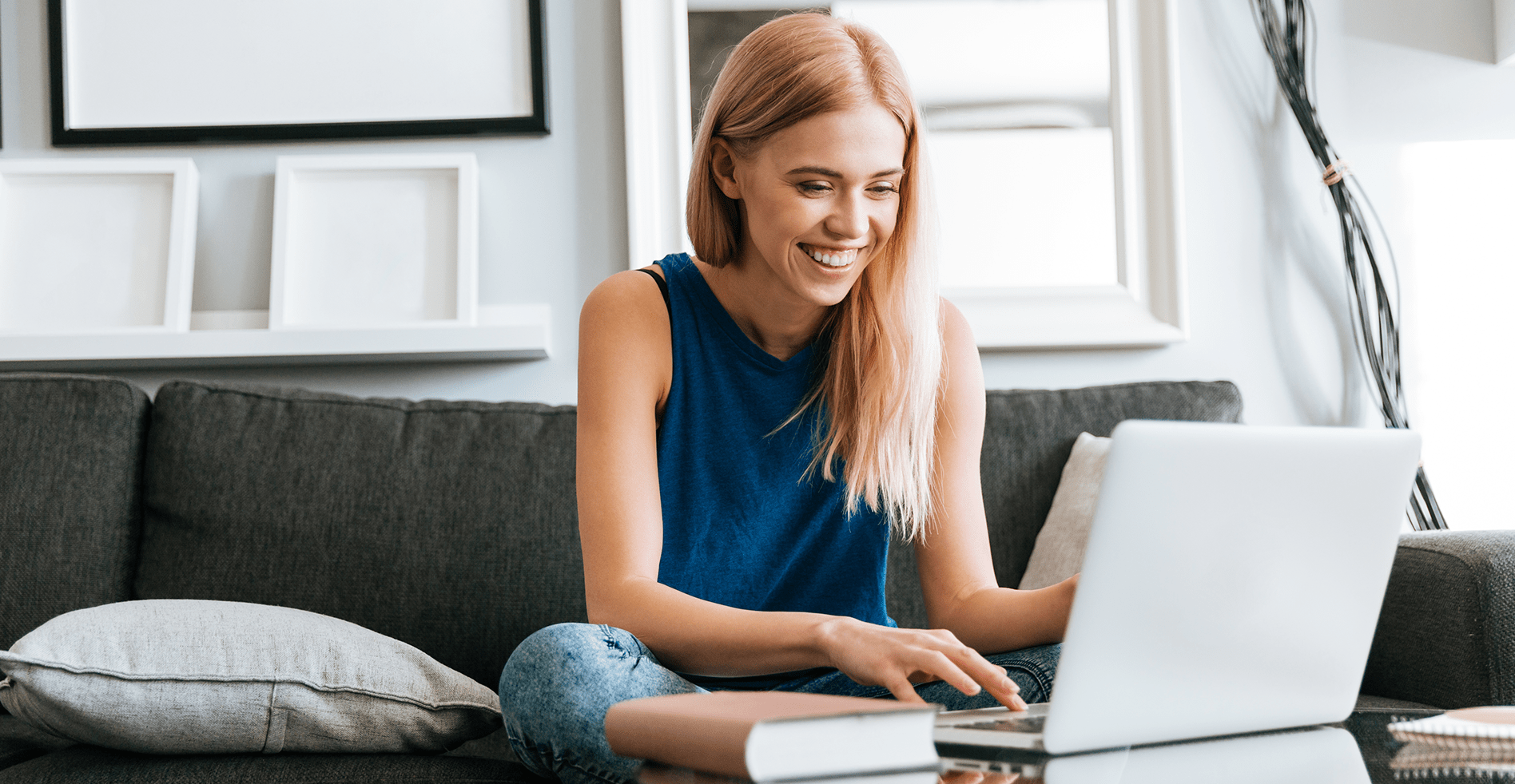 woman using computer at home