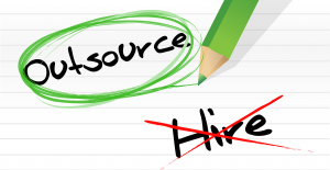 notecard with outsource circled and hire crossed out