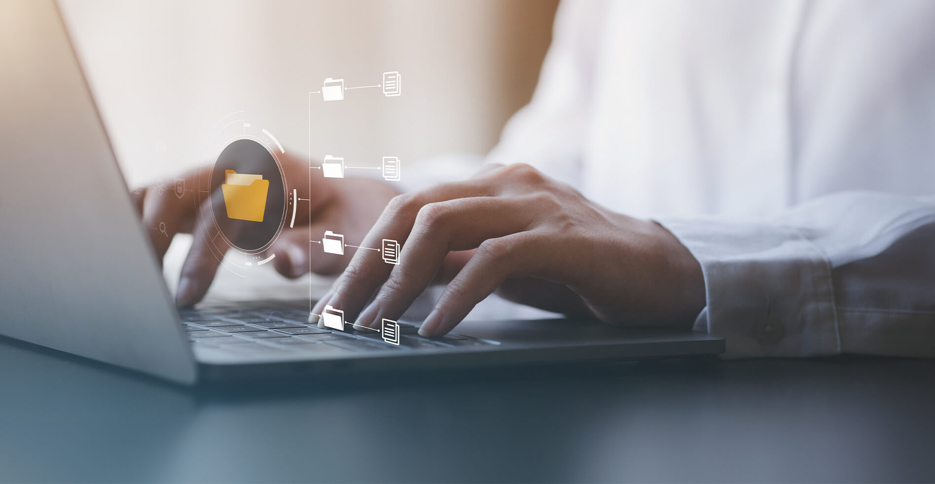 close up of person typing with files overlaid, concept of data loss prevention